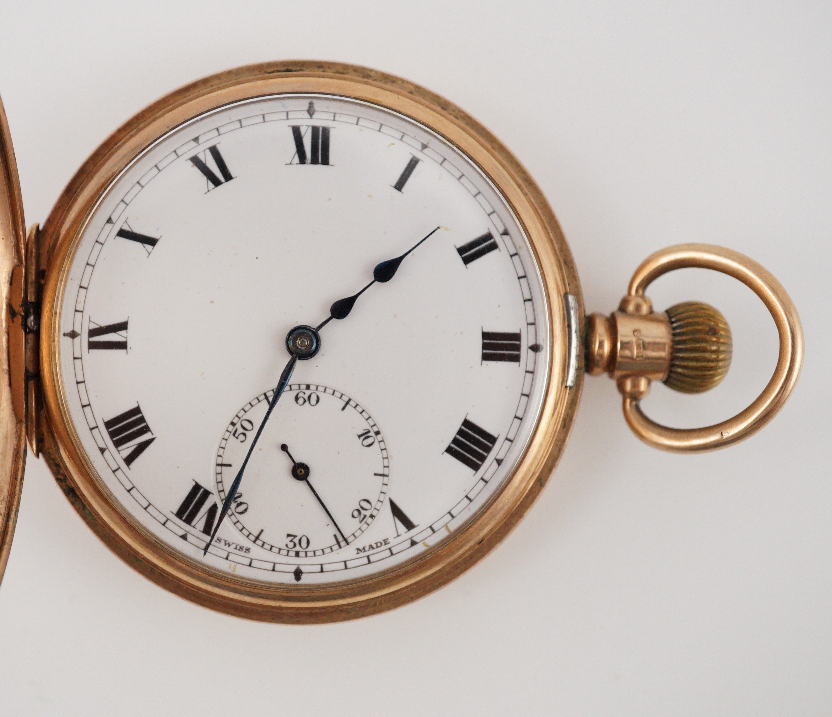 A George V 9ct gold keyless lever half hunter pocket watch